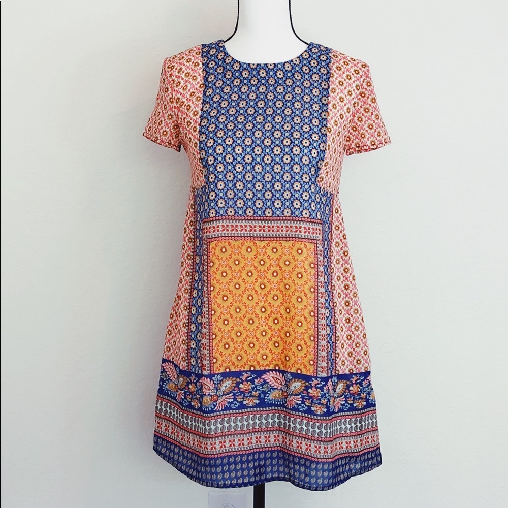 Boho mini dress quilt print blue red yellow